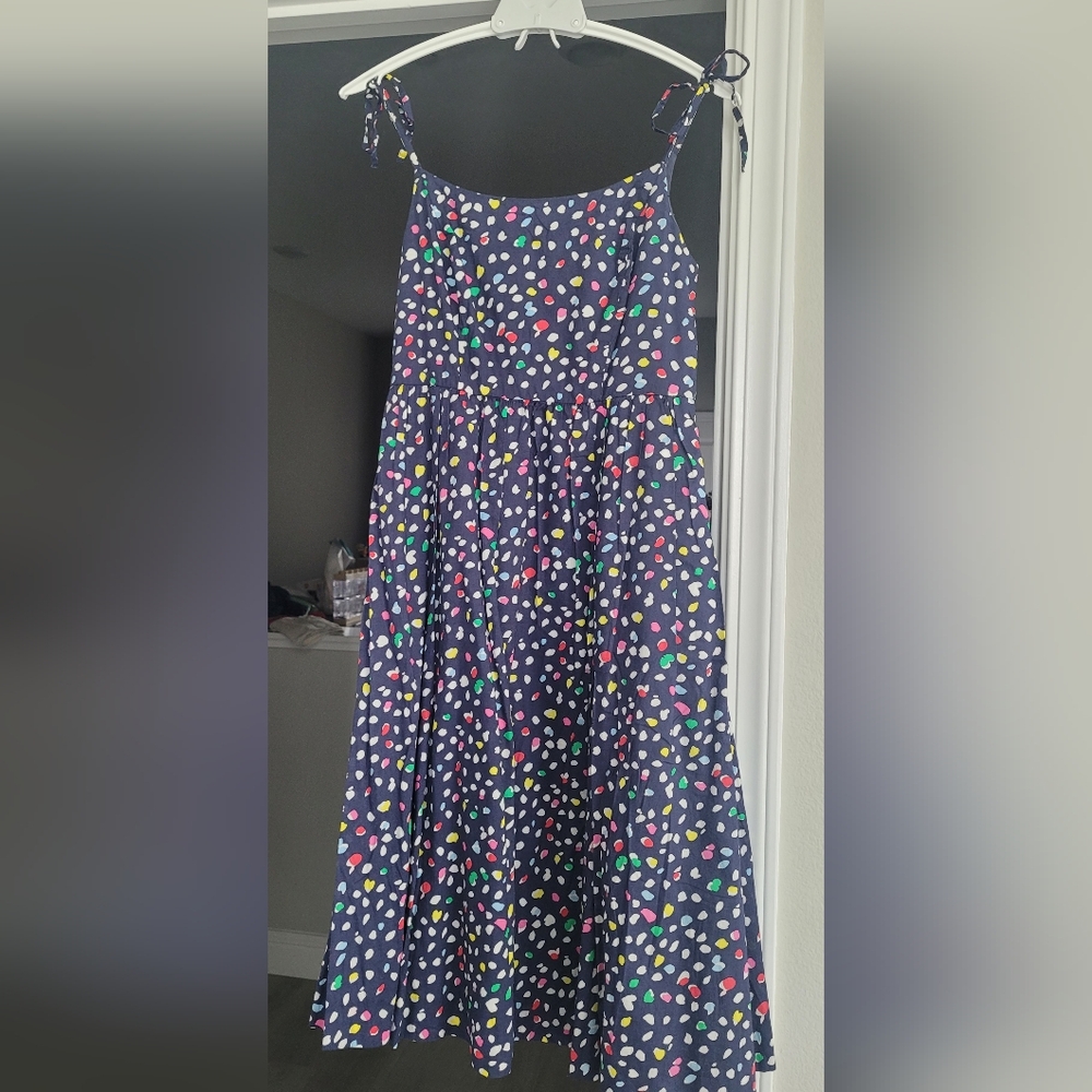J. Crew Navy Midi Skirt with Multicolor Heart Dot Print